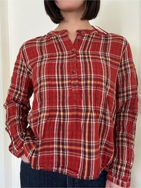 Grace + Karma Red Brown 100% Cotton Relaxed Plaid Long Sleeve Top L